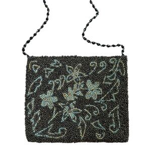 Moyna Y2K Beaded Floral Mini Shoulder Bag Brown Blue Embroidered Vintage Purse